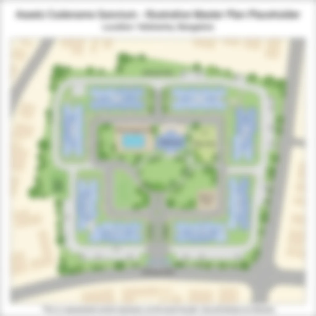 Master plan of Assetz Miru & Miyo showing towers, clubhouse, pool, and landscaped areas